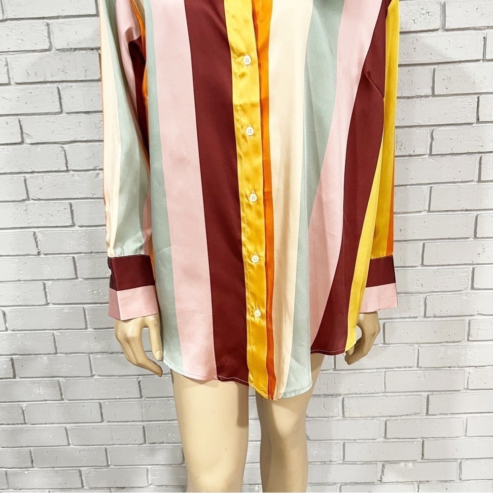 Fe Noel Vertical Stripe Satin 2 Piece Set Button Down Shirt and Wide Leg Pants - Picture 8 of 14